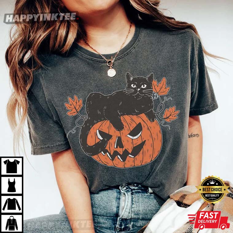 Black Cat On Pumpkin Halloween Comfort Colors T Shirt 2