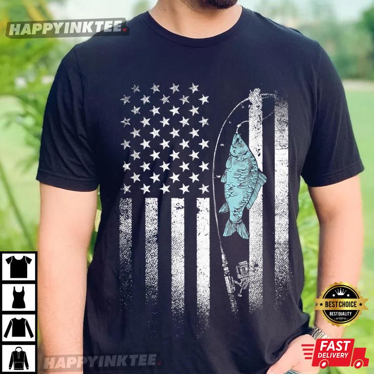 Fish On Hook USA Flag Funny Bass Fishing Gifts T Shirt 2