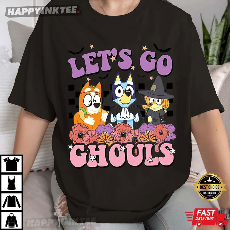 Bluey Let Go Ghouls Halloween Shirt, Checkerboard Bluey And Friend