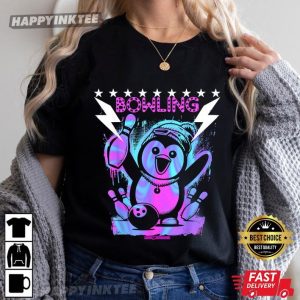 Cool Penguin Bowling With Lightning Strike Neon T Shirt (1)