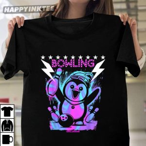 Cool Penguin Bowling With Lightning Strike Neon T Shirt (2)