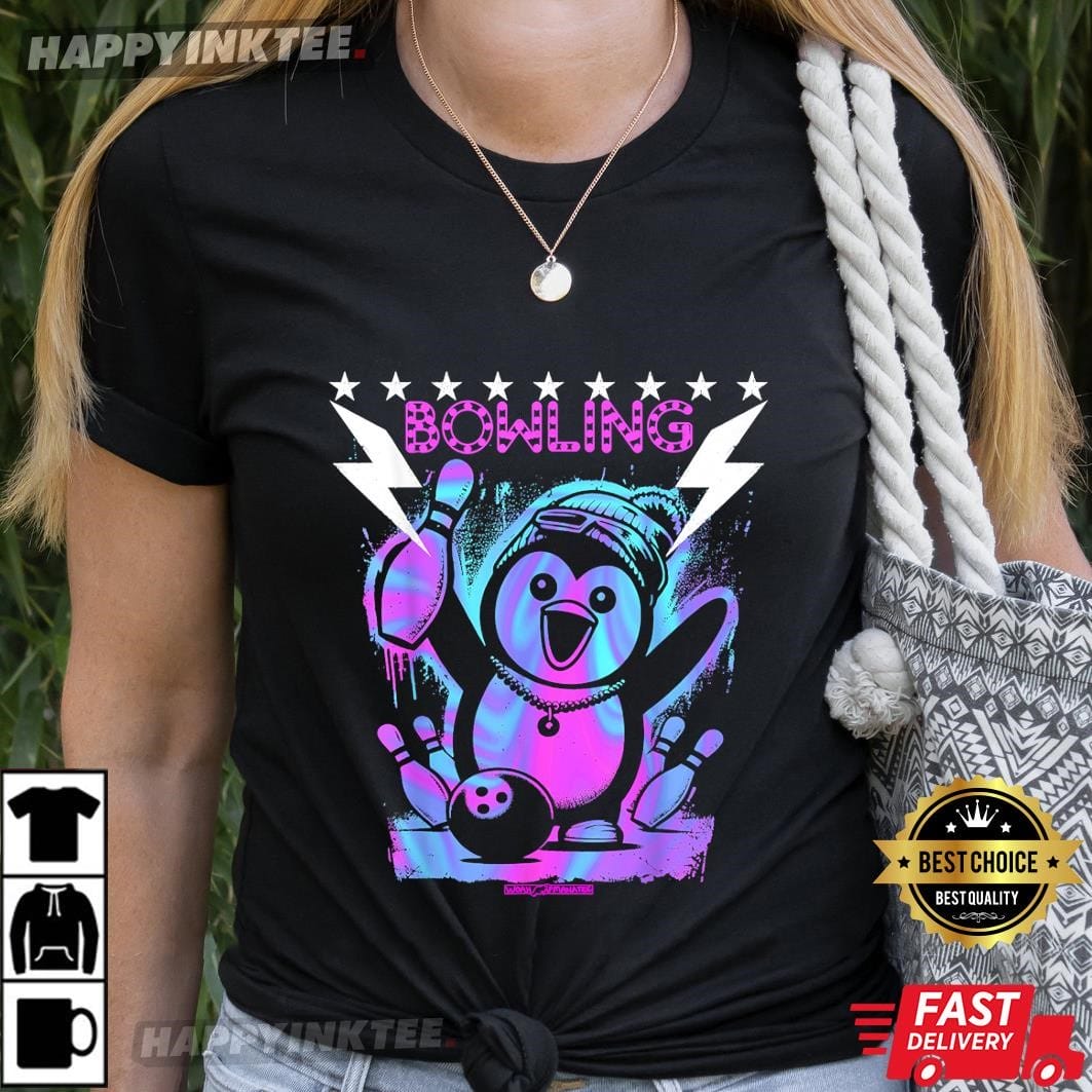 Cool Penguin Bowling With Lightning Strike Neon T-Shirt Cool Penguin Bowling With Lightning Strike Neon T-Shirt