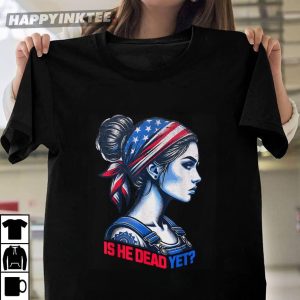 Is He Dead Yet Messy Hair Bun US Flag Turban Women T Shirt (2)