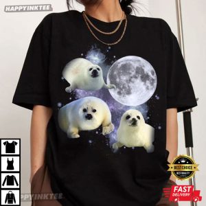 Three Baby Seal Vintage Moon Graphic T-Shirt