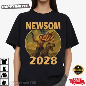Gavin Newsom 2028 Bold Patriotic Leader Riding Dinosaur T Shirt (2)
