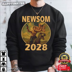 Gavin Newsom 2028 Bold Patriotic Leader Riding Dinosaur T Shirt (3)