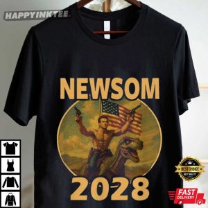 Gavin Newsom 2028 Bold Patriotic Leader Riding Dinosaur T Shirt (4)