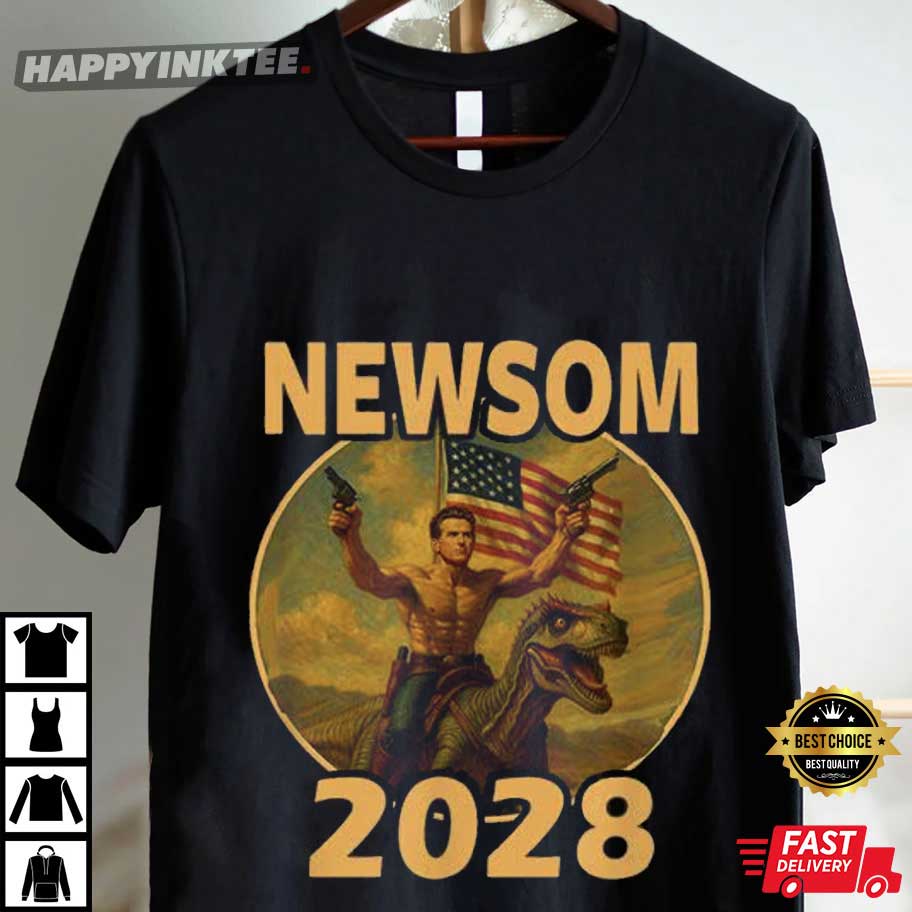 Gavin Newsom 2028 Bold Patriotic Leader Riding Dinosaur T-Shirt Gavin Newsom 2028 Bold Patriotic Leader Riding Dinosaur T-Shirt