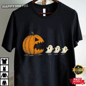Pumpkin Chasing Ghost Funny Halloween Pac Man T Shirt (2)