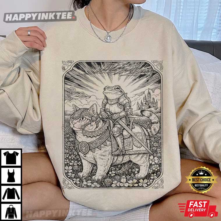 Funny Frog And Cat Vintage Dark Academia Goblincore T-Shirt