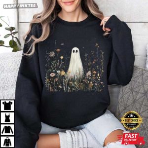 Cute Ghost In Wildflowers Fall Aesthetic Halloween T Shirt (2)