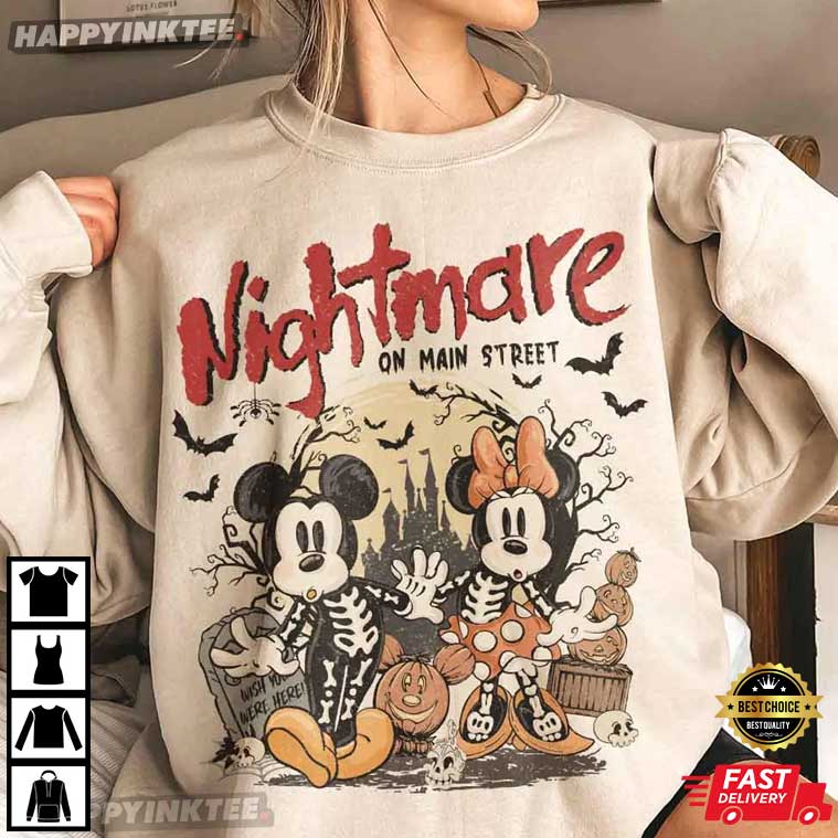 Vintage Mickey Minnie Skeleton Nightmare On Main Street Halloween T-Shirt Vintage Mickey Minnie Skeleton Nightmare On Main Street Halloween T-Shirt