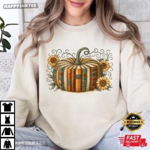 Retro Fall Book Pumpkin Halloween Teacher T Shirt (3)