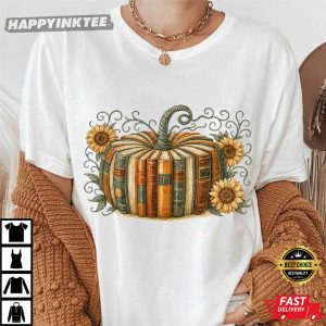 Retro Fall Book Pumpkin Halloween Teacher T Shirt (4)