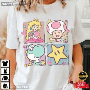 Super Mario Friends Peach Toad Yoshi Star Retro Pastel T-Shirt