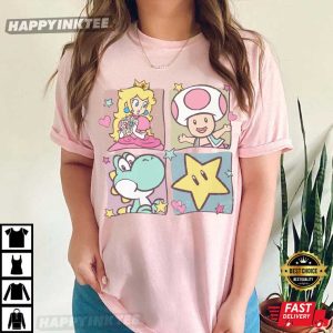 Super Mario Friends Peach Toad Yoshi Star Retro Pastel T Shirt (2)