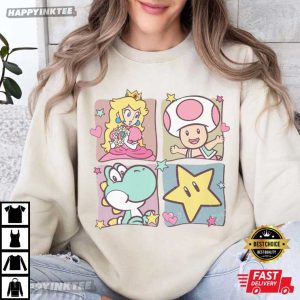 Super Mario Friends Peach Toad Yoshi Star Retro Pastel T Shirt (3)
