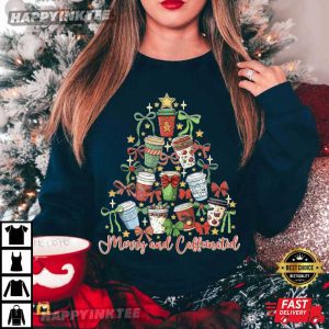 Merry And Caffeinated Christmas Tree Coffee T Shirt (3)