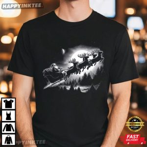 Santa Flying Over Forest in Moonlight Christmas T Shirt (1)