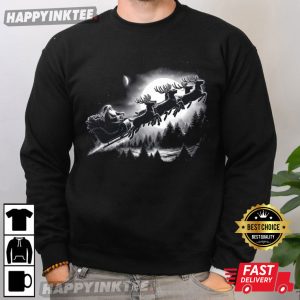 Santa Flying Over Forest in Moonlight Christmas T Shirt (2)