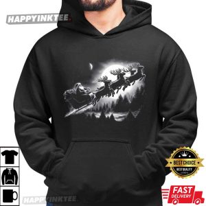 Santa Flying Over Forest in Moonlight Christmas T Shirt (3)
