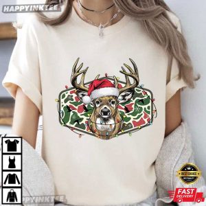 Deer Head Hunting Camo Funny Christmas Merry And Bright Holiday T Shirt (2)