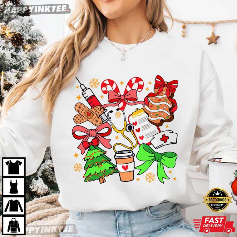 Christmas Preppy Coquette Nurse Healthcare Worker T-Shirt Christmas Preppy Coquette Nurse Healthcare Worker T-Shirt