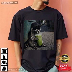 Funny Raccoon Drinking Iced Matcha Latte Animal Meme T Shirt (4)