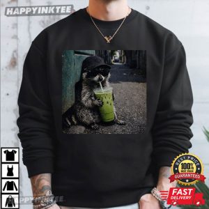 Funny Raccoon Drinking Iced Matcha Latte Animal Meme T Shirt (1)