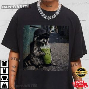 Funny Raccoon Drinking Iced Matcha Latte Animal Meme T-Shirt