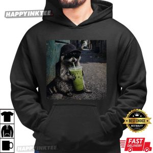 Funny Raccoon Drinking Iced Matcha Latte Animal Meme T Shirt (3)