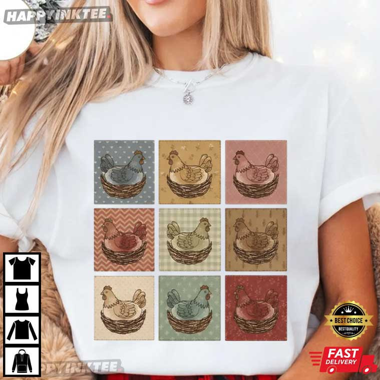 Farmhouse Chicken Quilt Cottagecore Hen Art Vintage Thrifted T-Shirt