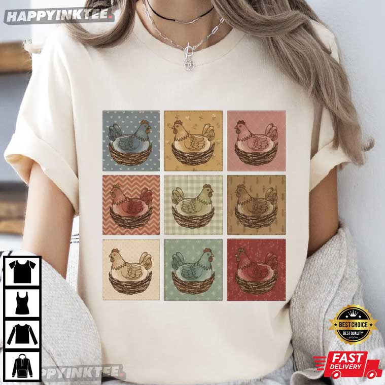 Farmhouse Chicken Quilt Cottagecore Hen Art Vintage Thrifted T-Shirt