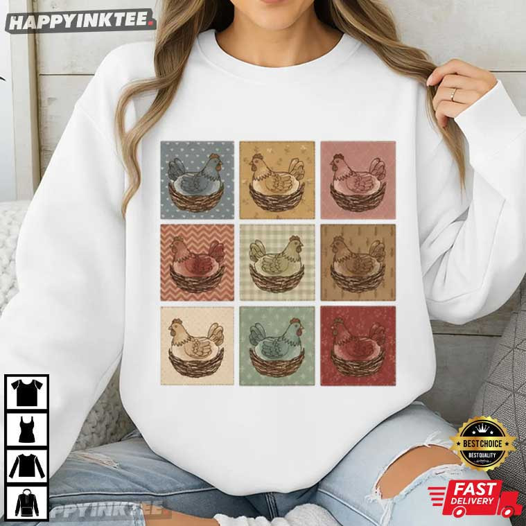 Farmhouse Chicken Quilt Cottagecore Hen Art Vintage Thrifted T-Shirt