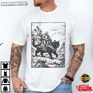 Knight Riding Cat Retro Medieval Dark Art Graphic T Shirt (1)