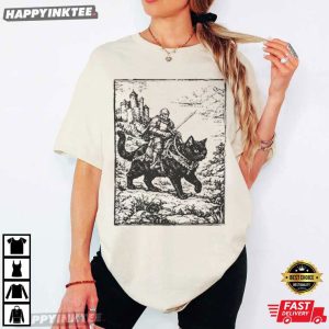 Knight Riding Cat Retro Medieval Dark Art Graphic T Shirt (2)