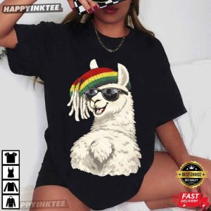 Llama With Sunglasses Rasta Beanie Graphic T Shirt (4)
