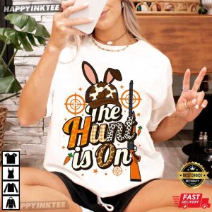 The Hunt Is On Easter Bunny Hunter Camo Egg T Shirt (1)
