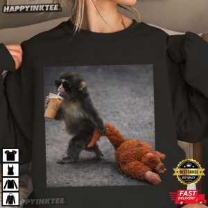 Baby Monkey Punch Drinking Iced Coffee Animal Lover T Shirt (1)