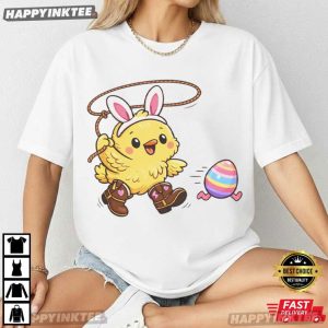 Chick In Bunny Ears Easter Chick Hopping With Painted Egg T Shirt (2)