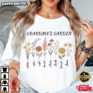 Grandma's Garden Custom Birth Flowers and Names Mothers Day T Shirt (1)