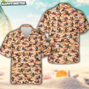 Bigfoot Sasquatch Riding T Rex Patriotic Flamingo Aloha Hawaiian Shirt (1)
