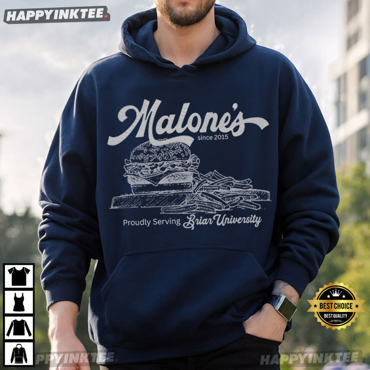 Malone's Proudly Serving Brian University Off Campus Burger T-Shirt Malone's Proudly Serving Brian University Off Campus Burger T-Shirt