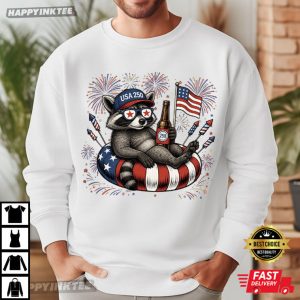 Raccoon Drinking Beer Fireworks America 250th 4th Of July T Shirt (4)