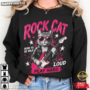 Rock Cat Playing Guitar Born To Be Wild Live Loud Play Hard T Shirt (1)