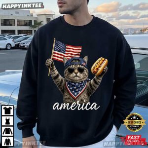 Cool Cat Hot Dog America Flag Funny Patriotic 4th of July Gift T Shirt (1)