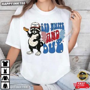 Raccoon Pregnancy Announcement Red White And Due 4th of July T Shirt (4)