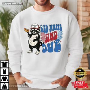 Raccoon Pregnancy Announcement Red White And Due 4th of July T Shirt (1)