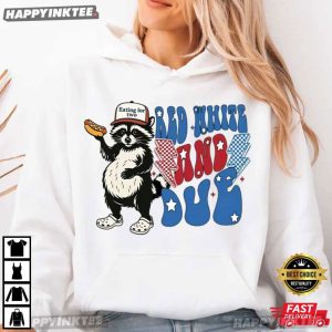 Raccoon Pregnancy Announcement Red White And Due 4th of July T Shirt (2)