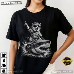 Hell Yeah Cat Shark Rider Funny Ocean Meme T Shirt (2)